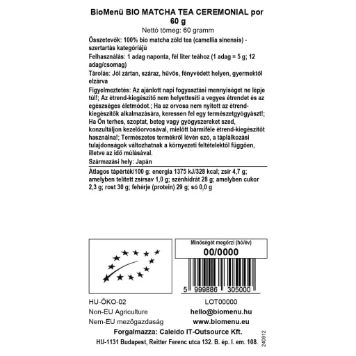 BioMenü organski ceremonijalni matcha čaj u prahu 60 g oznaka podataka