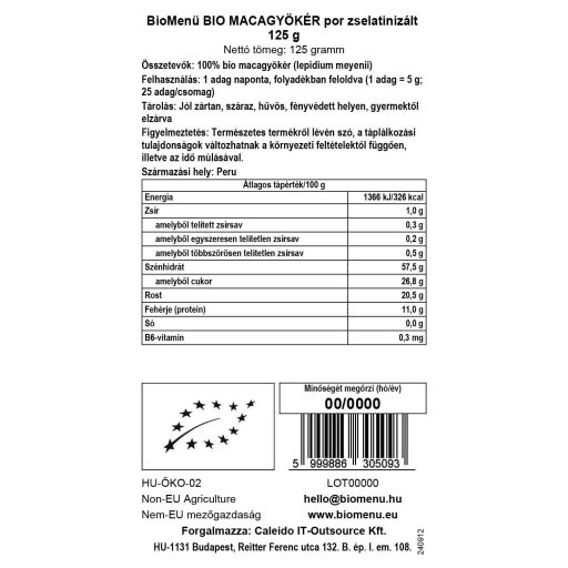 BioMenü organski gelatinizirani prah korijena maka 125 g oznaka podataka