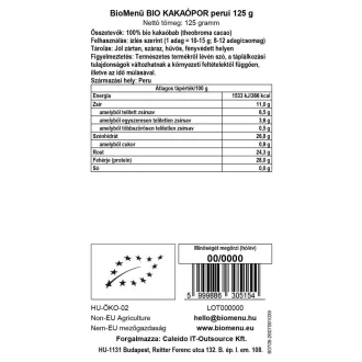 BioMenü organski peruanski kakao prah 125 g slika proizvoda