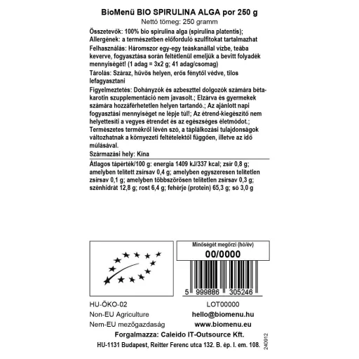 BioMenü organski prah algi spirulina 250 g oznaka podataka