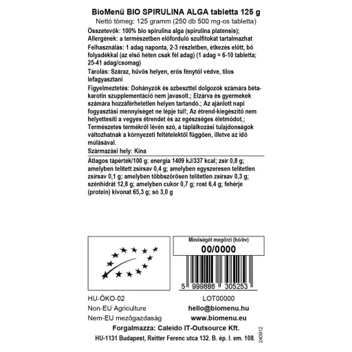 BioMenü organske tablete spiruline 125 g oznaka podataka