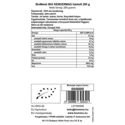 BioMenü organske sjemenke konoplje oljuštene 250 g oznaka podataka