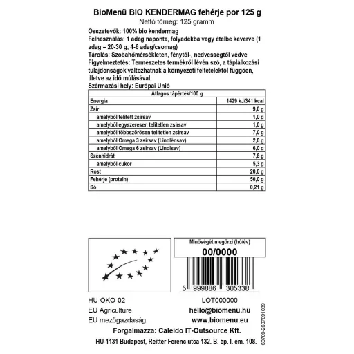 BioMenü organski proteinski prah od sjemenki konoplje 125 g oznaka podataka