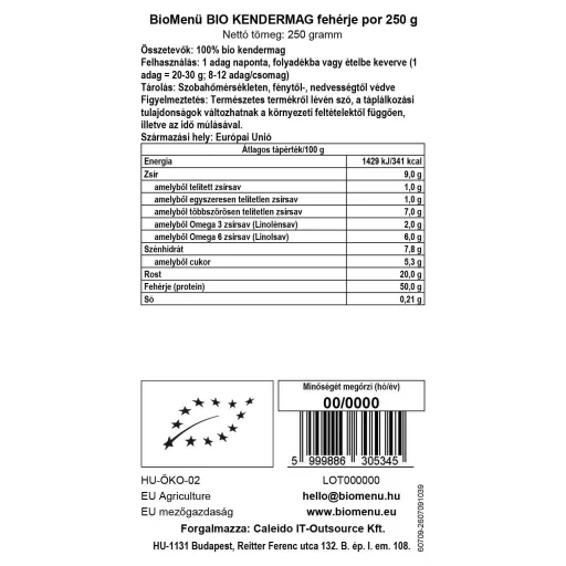 BioMenü organski proteinski prah od sjemenki konoplje 250 g oznaka podataka
