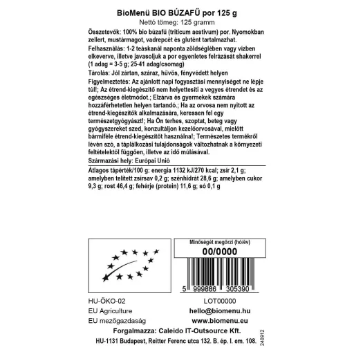 BioMenü organski prah od pšenične trave 125 g oznaka podataka