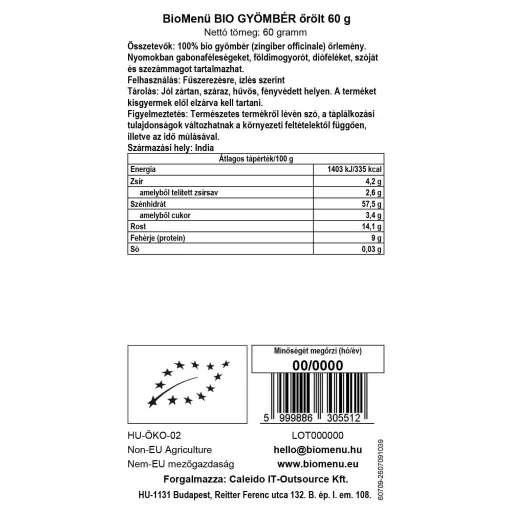 BioMenü Bio ĐUMBIR mljeveni 60 g oznaka podataka
