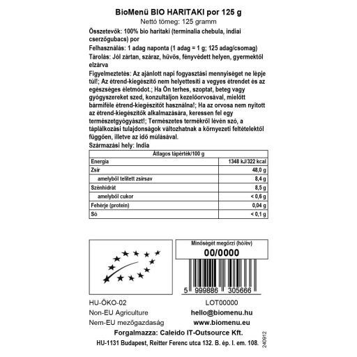 BioMenü organski prah haritaki 125 g oznaka podataka