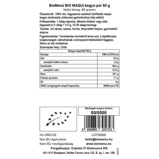BioMenü organski prah od maqui bobica 60 g oznaka podataka