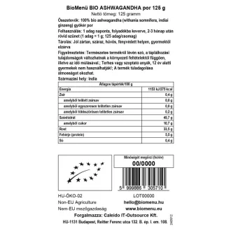 BioMenü organski prah ashwagandhe 125 g slika proizvoda