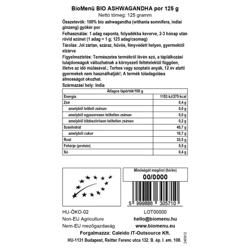 BioMenü organski prah ashwagandhe 125 g oznaka podataka