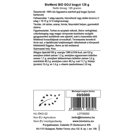 BioMenü organske goji bobice 125 g oznaka podataka