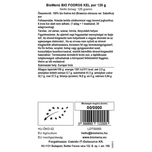 BioMenü organski prah od kelja 125 g oznaka podataka