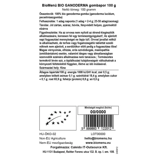 BioMenü organski prah od gljive ganoderma 100 g oznaka podataka