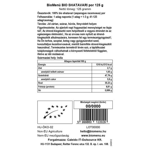 BioMenü organski prah shatavari 125 g oznaka podataka