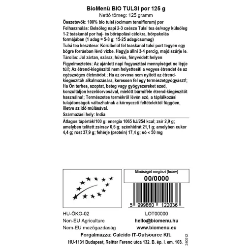 BioMenü organski prah tulsi 125 g oznaka podataka