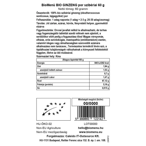 BioMenü organski prah sibirskog ginsenga 60 g oznaka podataka