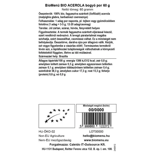 BioMenü organski prah bobica acerola 60 g oznaka podataka