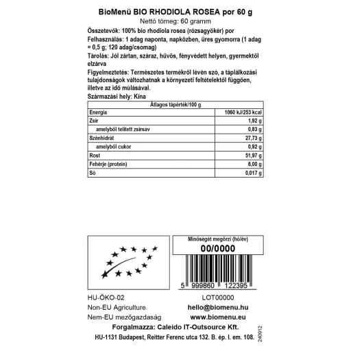 BioMenü organski prah rhodiola roseae 60 g oznaka podataka