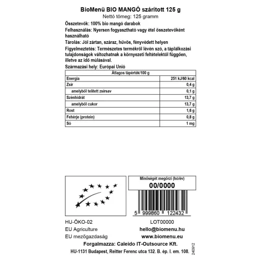BioMenü organski sušeni mango 125 g oznaka podataka
