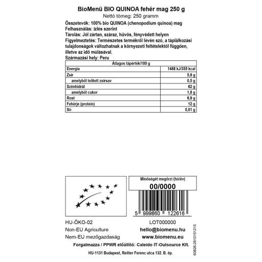 BioMenü Bio KVINOJA bijela sjemenke 250 g oznaka podataka