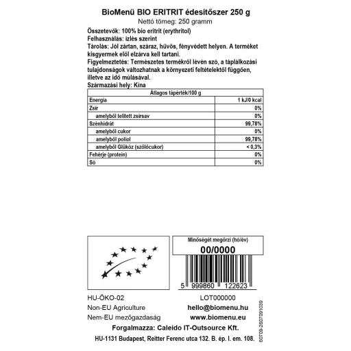 BioMenü organski zaslađivač eritritol 250 g oznaka podataka