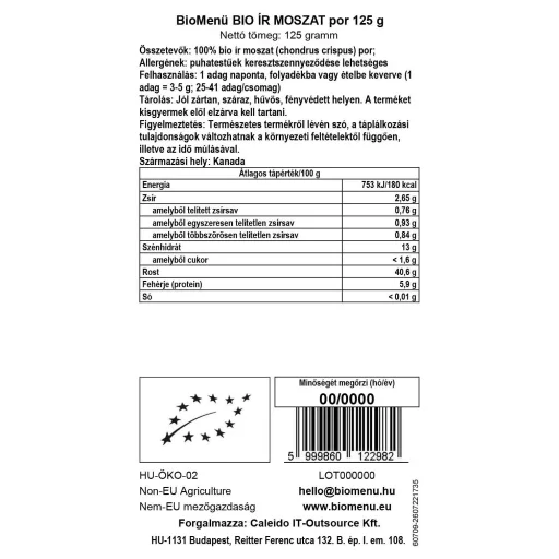 BioMenü organski prah irskog mahovca 125 g oznaka podataka