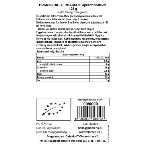 BioMenü organske nasjeckane listove čaja yerba mate 125 g oznaka podataka