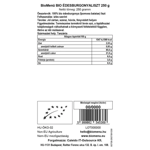 BioMenü organski brašno od batata 250 g oznaka podataka