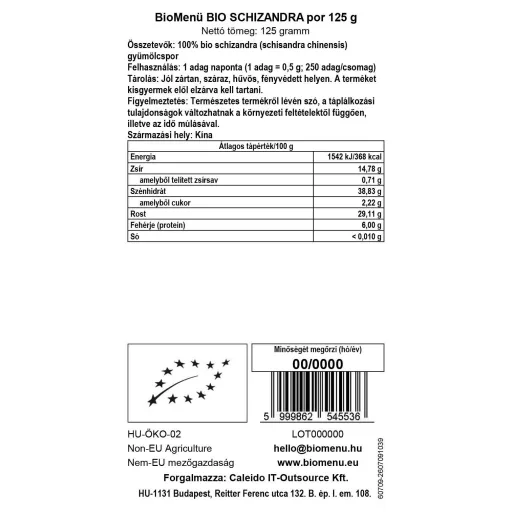 BioMenü organski prah schizandre 125 g oznaka podataka