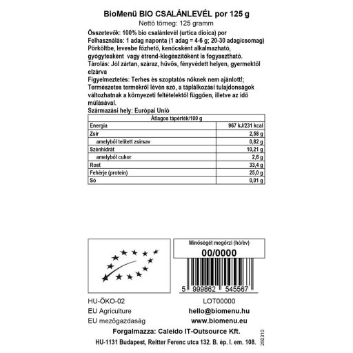 BioMenü organski prah koprivinih listova 125 g oznaka podataka