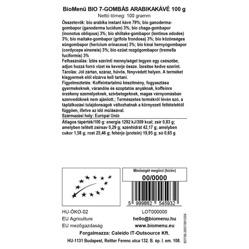 BioMenü Bio 7-Gljiva Arabica Kava 100 g oznaka podataka